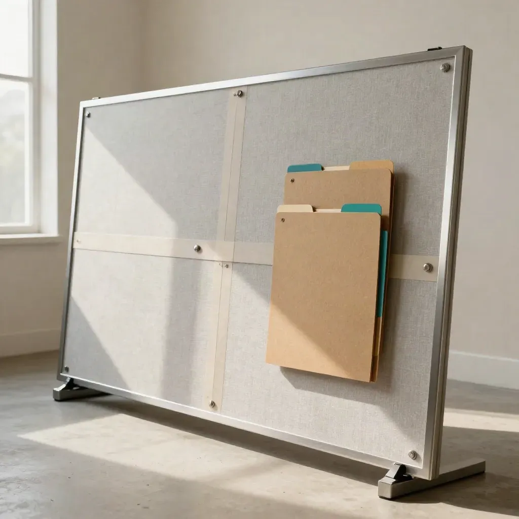 Tableau mobile de stratégie avec dossiers cartonnés et aimants, ombre nette et lumière claire.