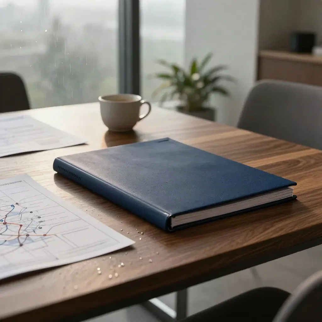 Salle de conseil lumineuse avec dossiers, cartes pliées, tasse et plante près d’une baie vitrée.