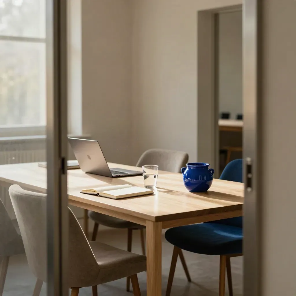 Petite salle de visioconférence lumineuse avec table, chaises, laptop fermé et pot en grès.