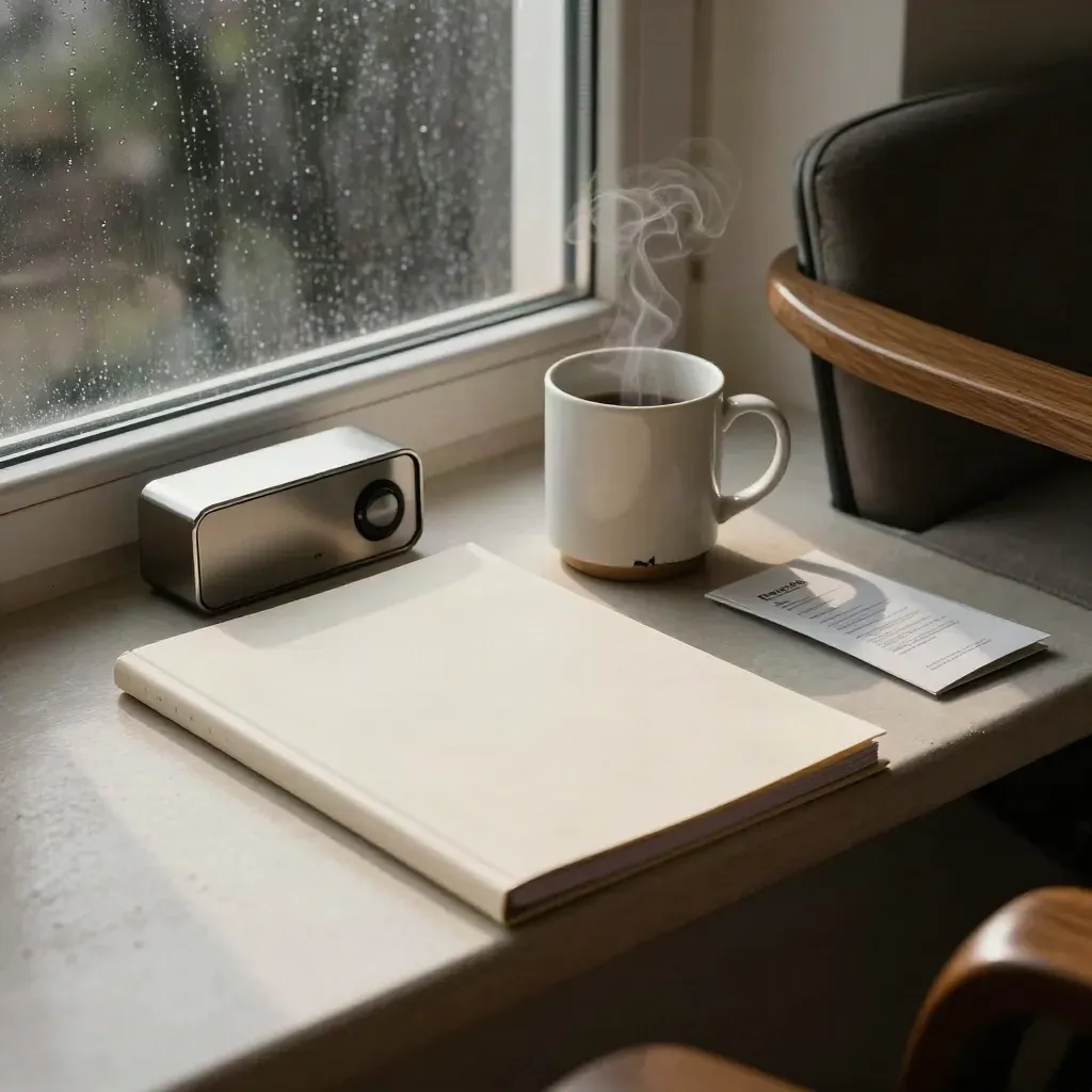Dossier de suivi fermé, minuteur, tasse ébréchée et chaise reculée dans un coin de bureau calme.