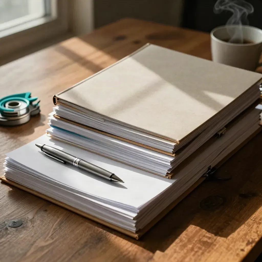 Vue presque zénithale d’un audit de stratégie avec classeurs, échantillons et tasse sur table en bois.