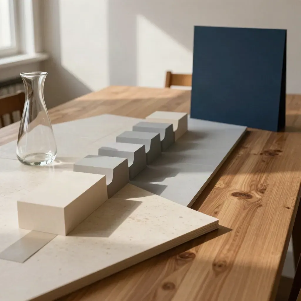 Grande table d’atelier avec maquettes papier, carafe et chaises en arc.