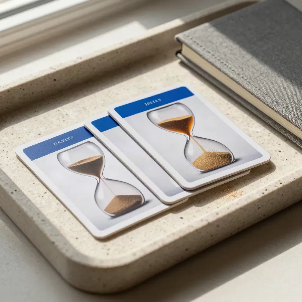 Vue du dessus d’un sablier, de trois cartes épaisses et d’un carnet fermé sur un plateau clair.