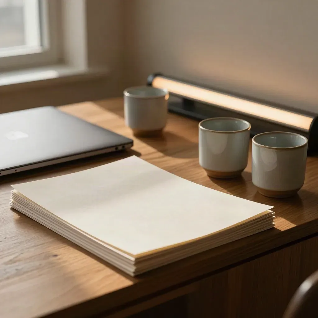Coin de bureau calme avec ordinateur fermé, fiches empilées, deux tasses et lumière discrète.