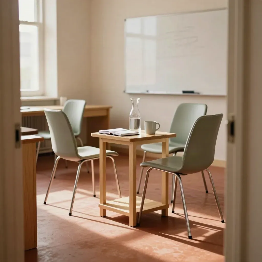 Salle de formation réorganisée avec quatre chaises, carafe, mug et carnet fermé.