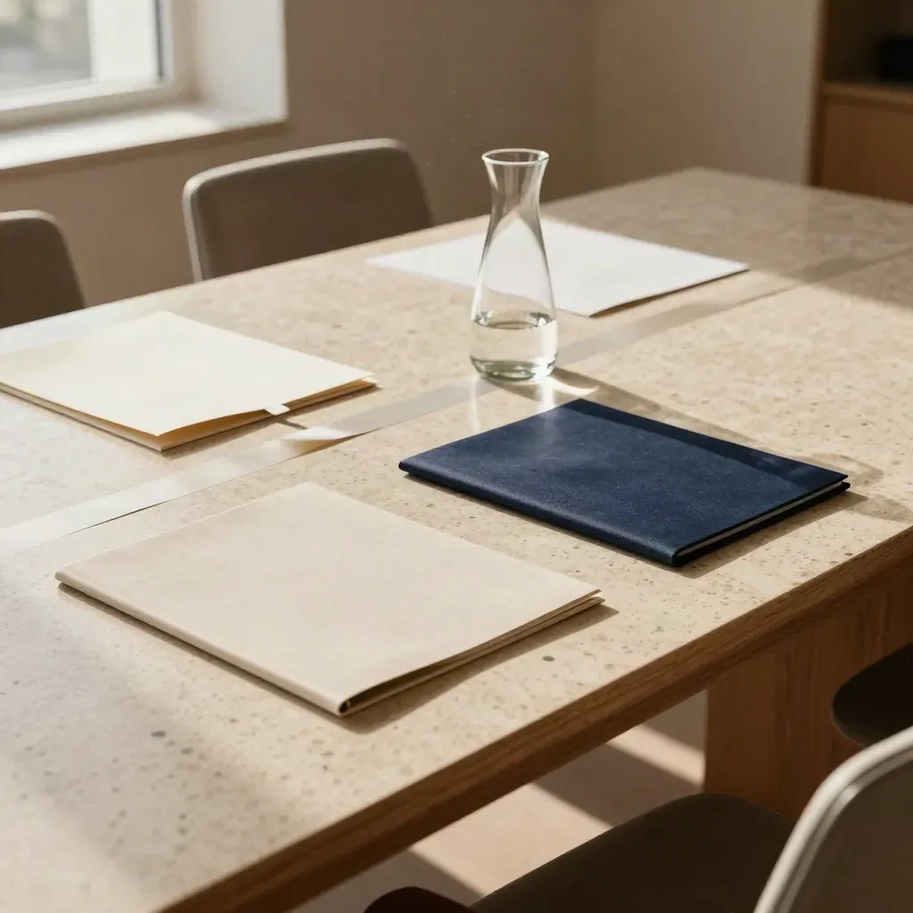 Table de briefing lumineuse avec dossiers fermés, carafe en verre et chaises reculées, vue plongeante.