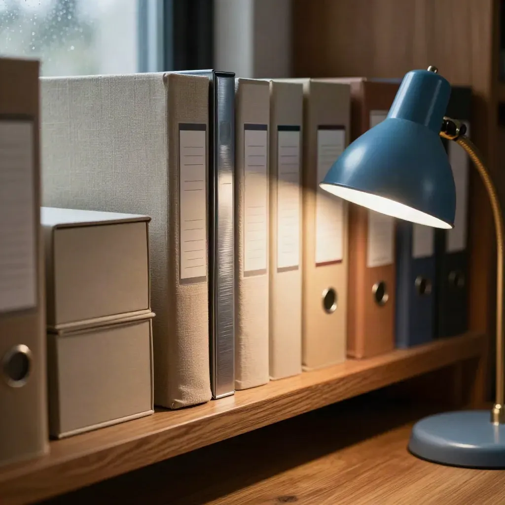 Rayonnage de dossiers et d’échantillons neutres sous une lampe basse, ambiance chaleureuse et ordonnée.