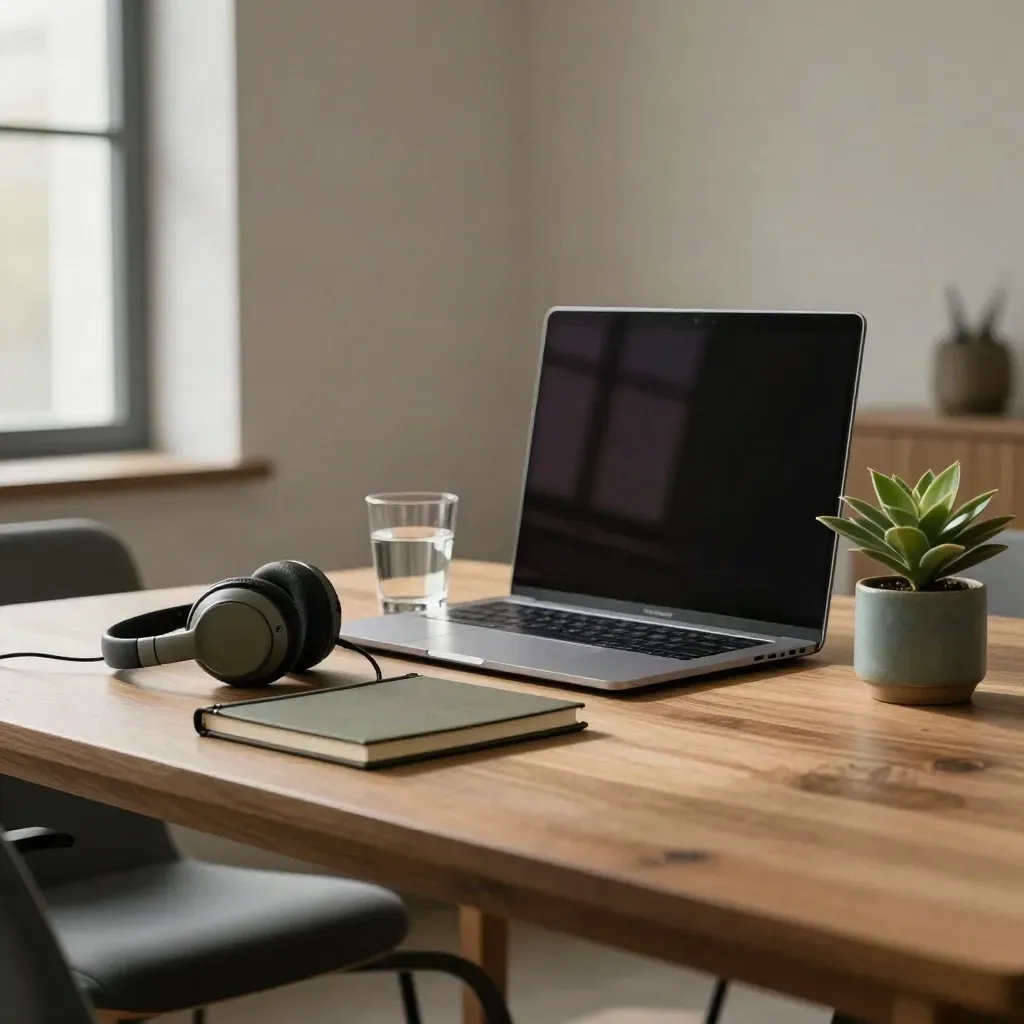 Bureau de préparation avec casque, carnet fermé, verre d’eau, ordinateur éteint et plante.