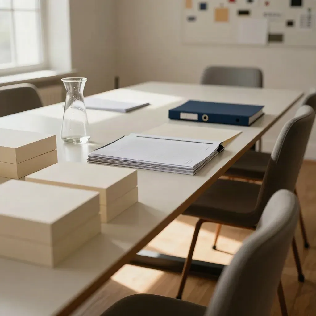 Table d’atelier avec dossiers, carafe et chaises en arc, lumière rasante d’après-midi.