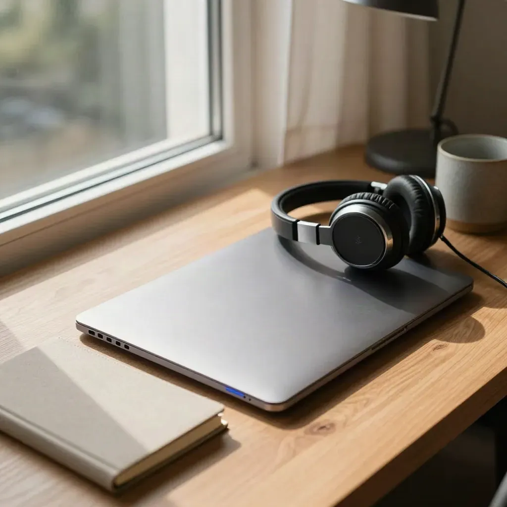 Vue partielle d’un bureau près d’une fenêtre avec laptop fermé, casque, carnet, tasse et lampe.