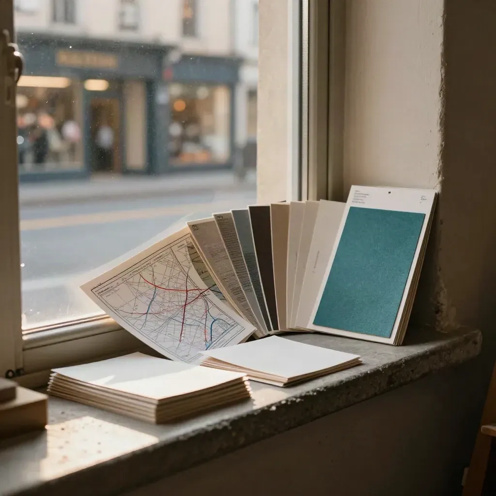 Fenêtre d’atelier sur rue floue, cartes neutres et échantillons de matières sur l’appui.