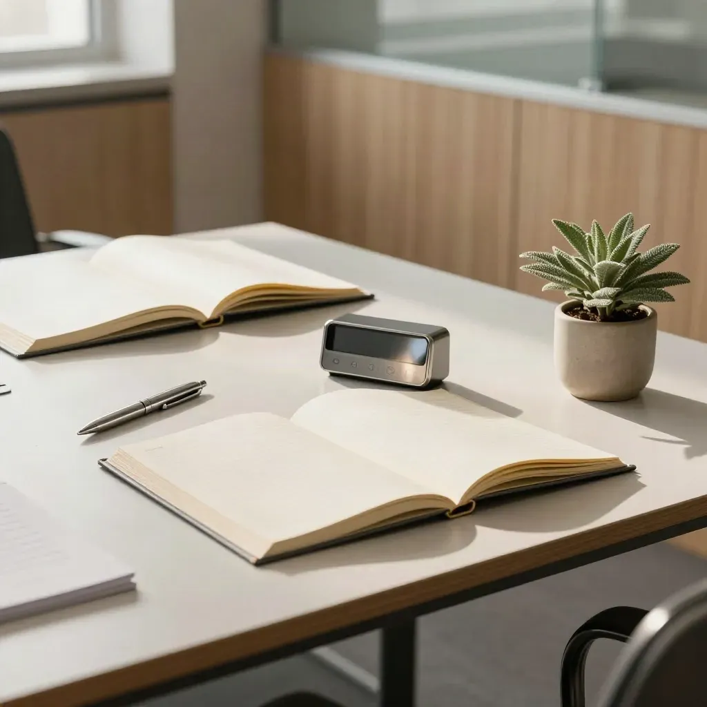 Dossiers ouverts, minuteur et plante sur une table claire dans une salle de conseil moderne.