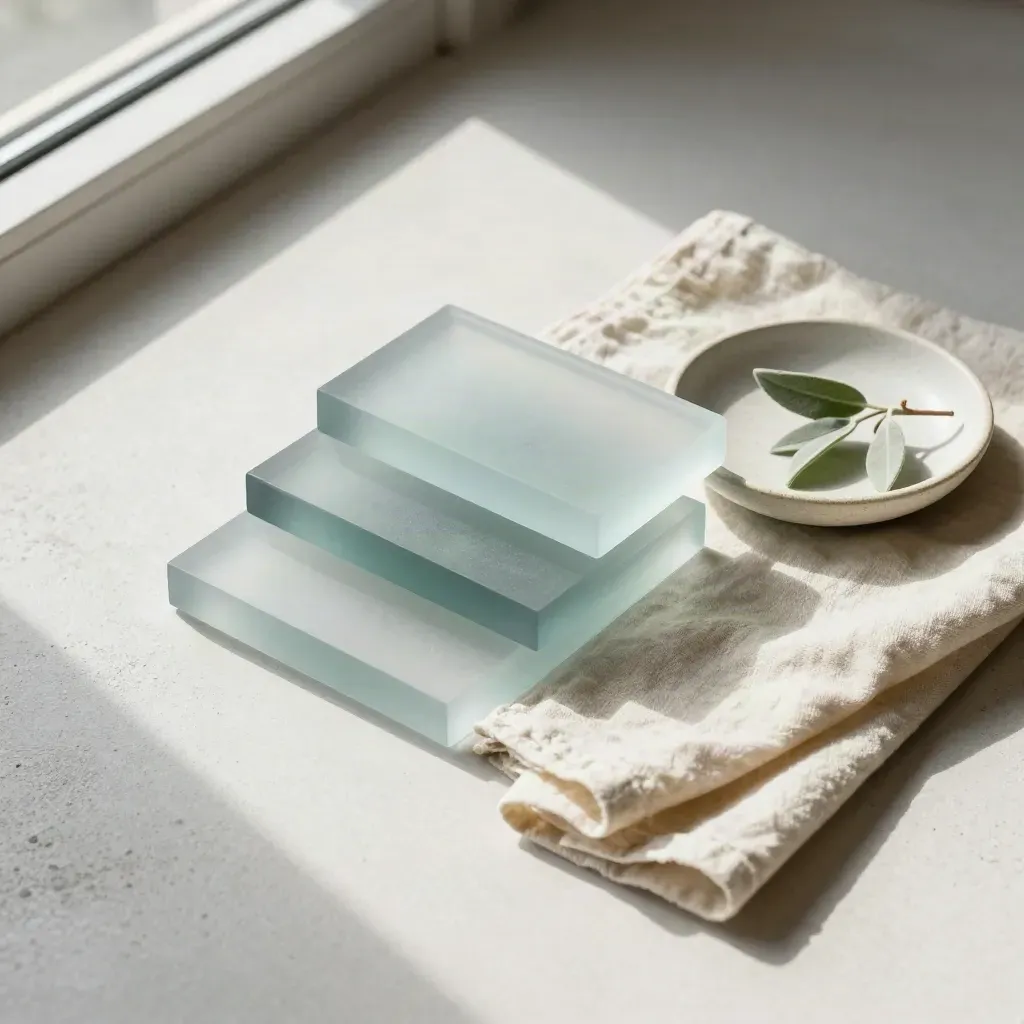 Blocs de verre dépoli, linge plié, coupelle et petite plante sur fond clair.