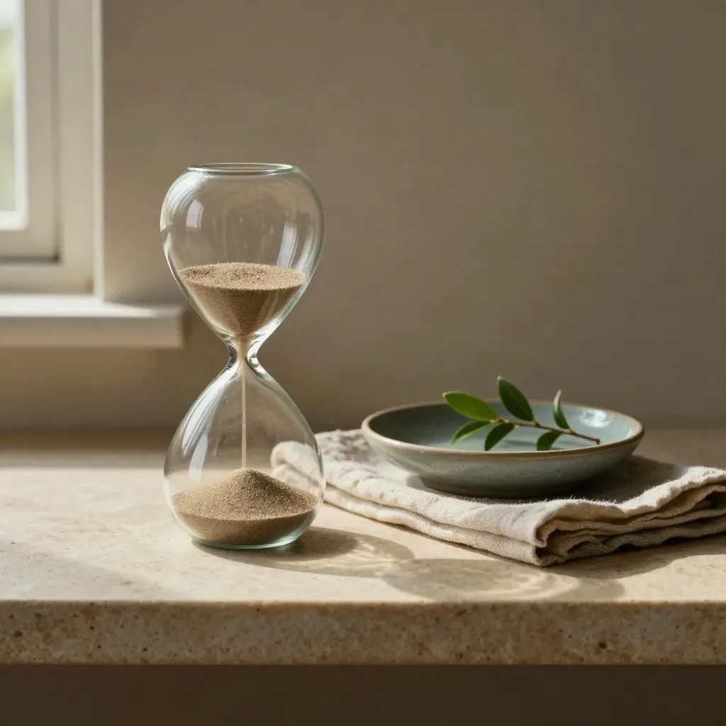 Sablier en verre, linge plié, coupelle teal et branche verte sur une étagère en pierre.