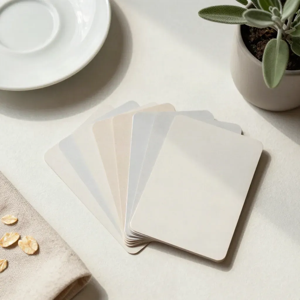 Cartes matériaux neutres, soucoupe claire, tissu plié et petit pot végétal sur fond écru.